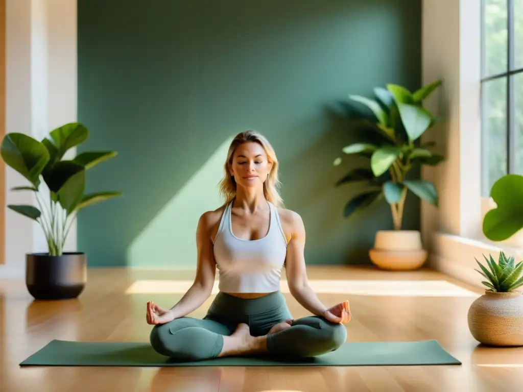 Estudio de yoga tranquilo con instructor relajante Un estudio de yoga acogedor y sereno con luz natural, plantas exuberantes y una paleta de colores calmantes