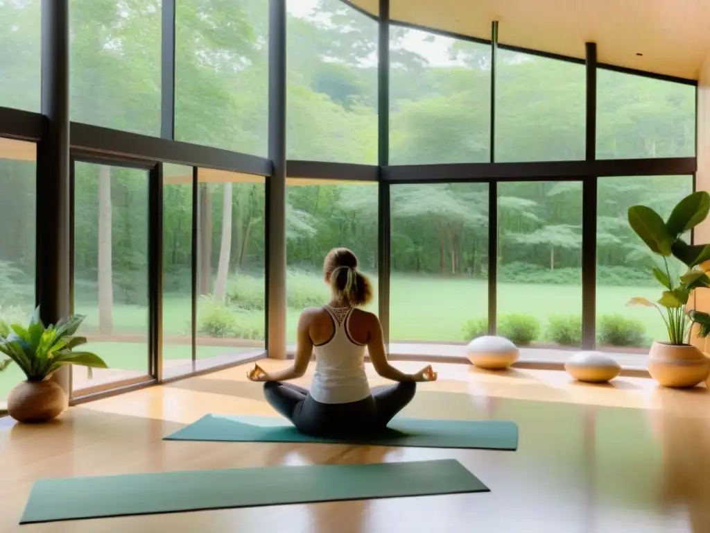 Estudio de yoga sereno con vista al bosque Estudio de yoga moderno con vista a un bosque, gente practicando yoga en armonía