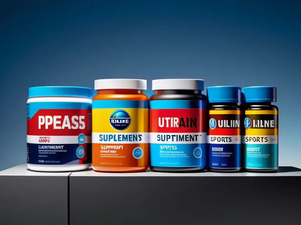 Suplementos deportivos de alta calidad en exhibición Una exhibición de suplementos deportivos ordenados con perfección, iluminados de manera dinámica, que reflejan profesionalismo y sofisticación