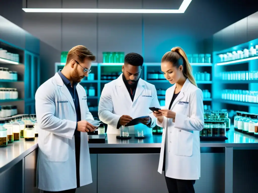 Análisis detallado de ingredientes para suplementos pre-entrenamiento Experimento en laboratorio con científicos y equipo moderno analizando ingredientes clave preentrenamiento deportivo
