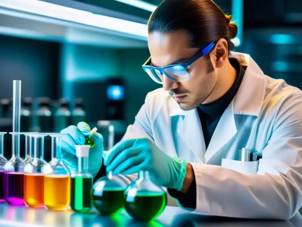 Mezcla experta de sabores: laboratorio moderno Un experto en laboratorio mide y mezcla líquidos coloridos para el desarrollo de suplementos sabores irresistibles calidad