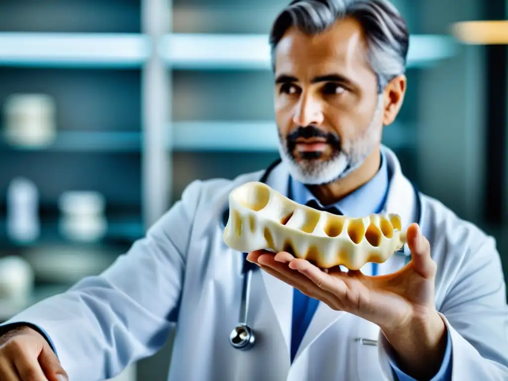 Experto en nutrición explicando la importancia del calcio para los huesos Experto en salud muestra modelo de hueso para explicar la importancia del calcio en suplementación