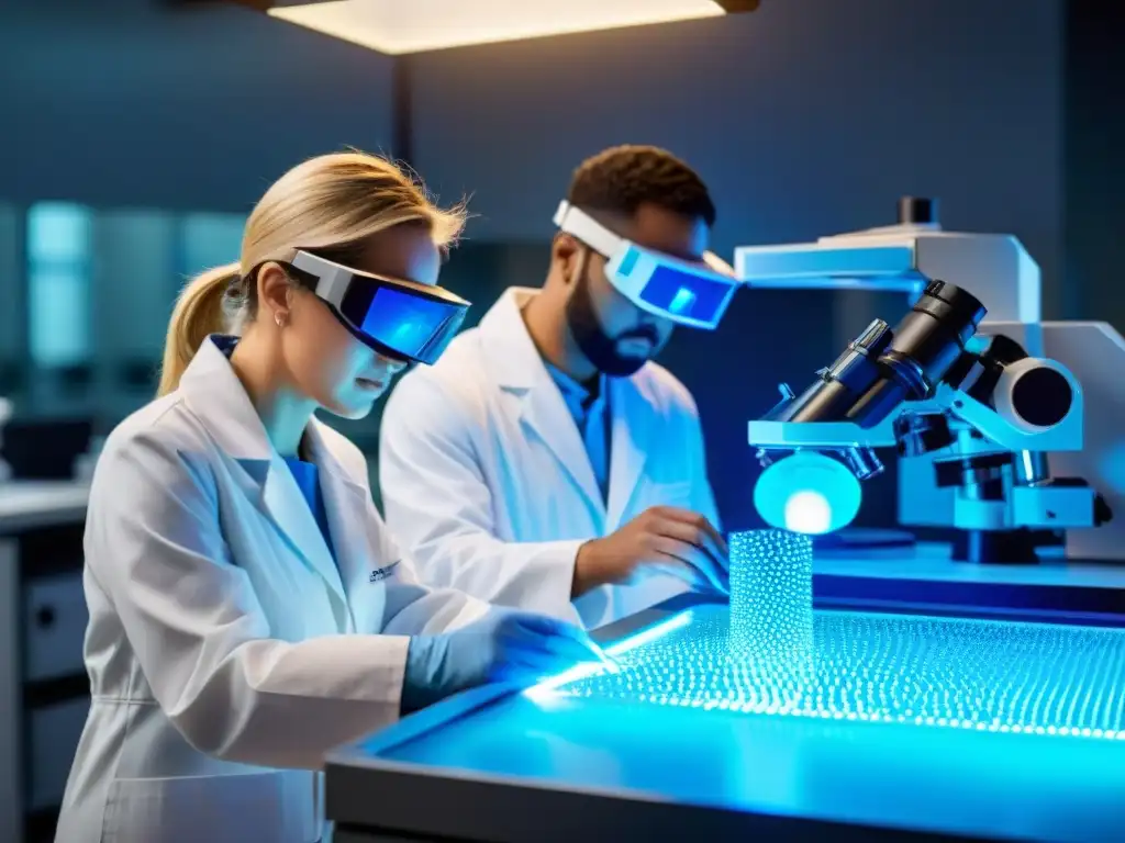 Avanzada manipulación de nanotecnología para suplementos personalizados Expertos en laboratorio manipulan partículas de nanotecnología con precisión, rodeados de tecnología avanzada
