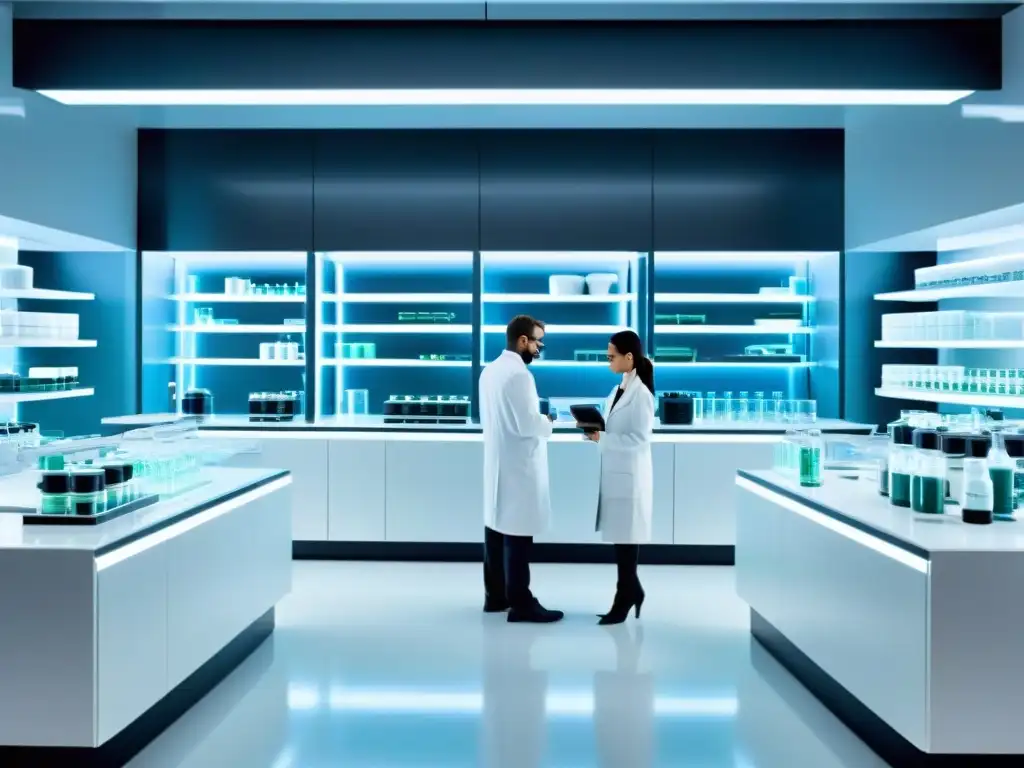 Creación de Suplementos Nutricionales Personalizados en Laboratorio Futurista Expertos en laboratorio crean suplementos nutricionales personalizados deportivos con tecnología innovadora en un entorno moderno y sofisticado