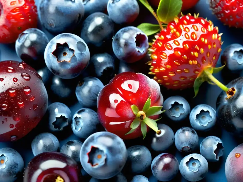 Exuberante cluster de bayas y frutas frescas con rocío Una explosión de color en una mezcla de bayas y frutas, con gotas de rocío