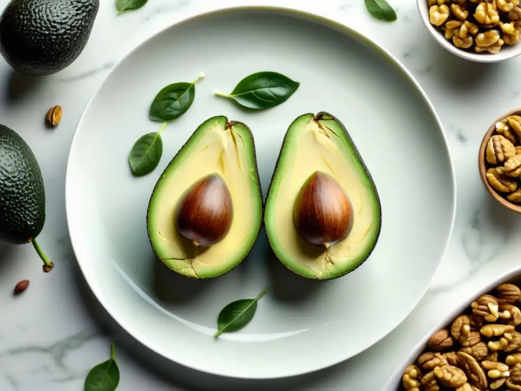 Exquisita composición de aguacates, nueces y espinacas Una exquisita composición de aguacates maduros, nueces y espinacas en un plato blanco moderno
