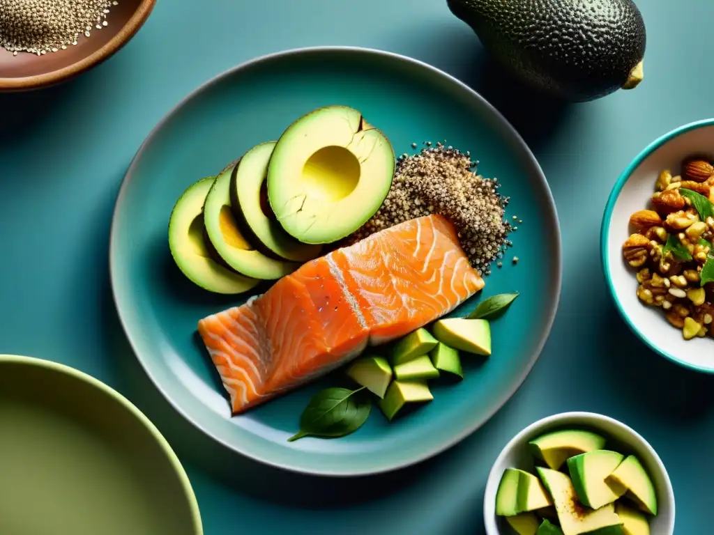 Exquisita combinación de alimentos saludables con omega-3 Una exquisita composición de alimentos coloridos y nutritivos como salmón, aguacate, nueces y semillas de chía resalta su belleza natural