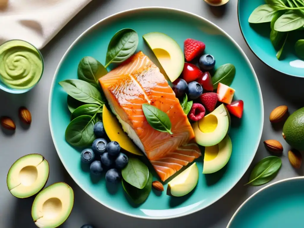 Plato vibrante con alimentos saludables, frescos y 8k Una exquisita composición de alimentos coloridos y saludables, iluminados con su frescura natural