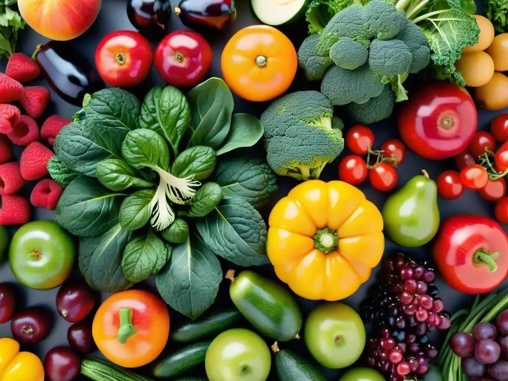 Arreglo vibrante de frutas y verduras frescas Una exquisita composición de frutas y verduras frescas, organizadas con colores vibrantes y texturas detalladas, transmitiendo vitalidad y nutrición