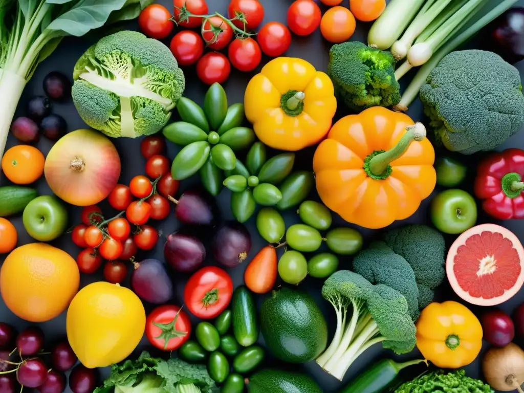 Vibrantes frutas y verduras en abundancia Una exquisita composición de frutas y verduras coloridas, transmitiendo la abundancia y variedad de alimentos fibrosos para dietas veganas