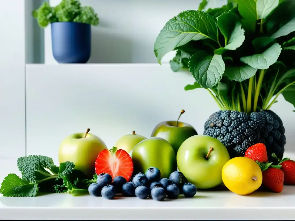 Vibrante variedad de frutas y verduras frescas en cocina moderna Una exquisita composición de frutas y verduras frescas en una cocina moderna