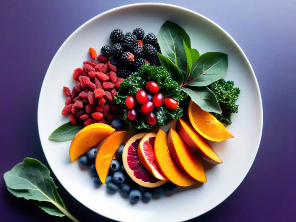 Plato de superalimentos vibrantes Una exquisita composición de superalimentos vibrantes en un plato blanco, iluminados suavemente