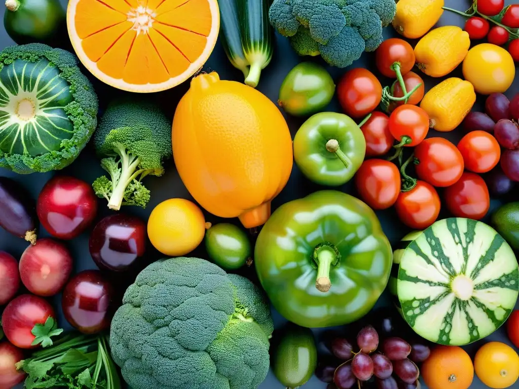 Exquisita exhibición de frutas y verduras detalladas Una exquisita exhibición de frutas y verduras coloridas, detalladas y vibrantes, perfecta para suplementos nutricionales para diabéticos