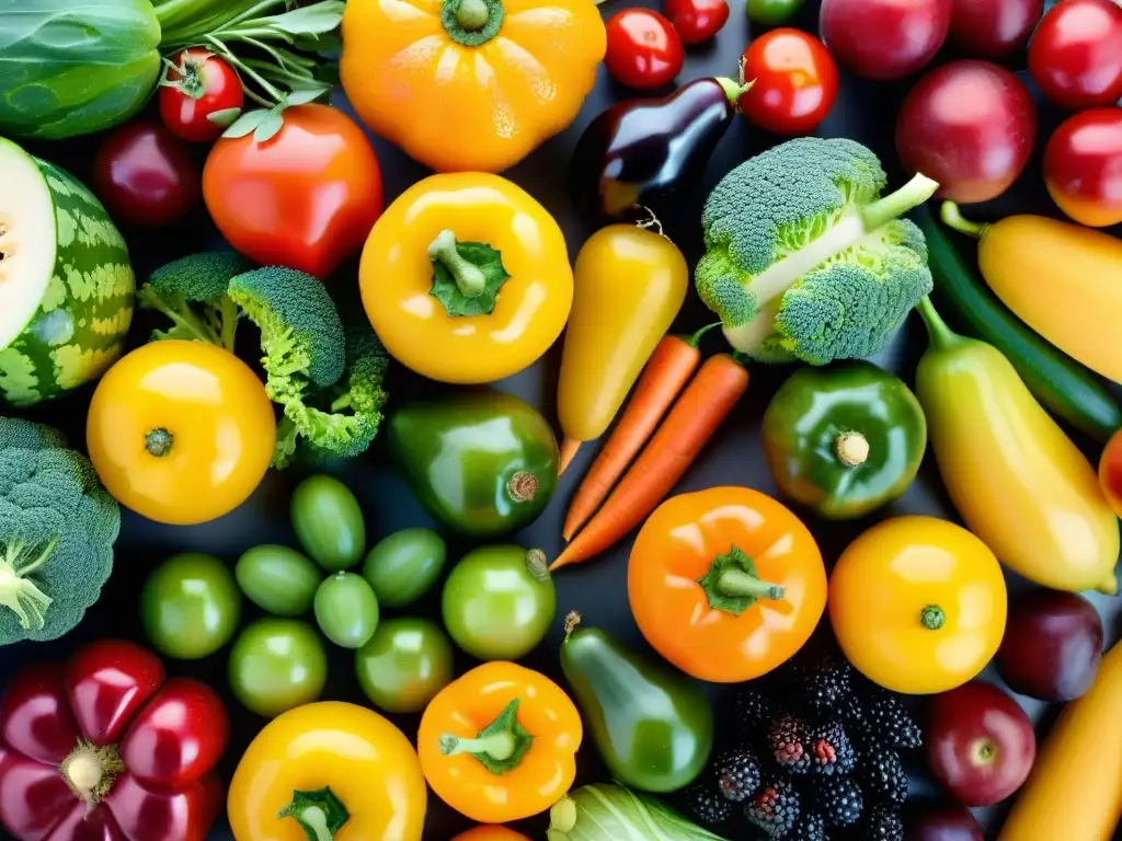 Exuberante frescura: Frutas y verduras en alta definición Una exquisita exhibición de frutas y verduras frescas, resaltando su belleza natural y riqueza nutricional