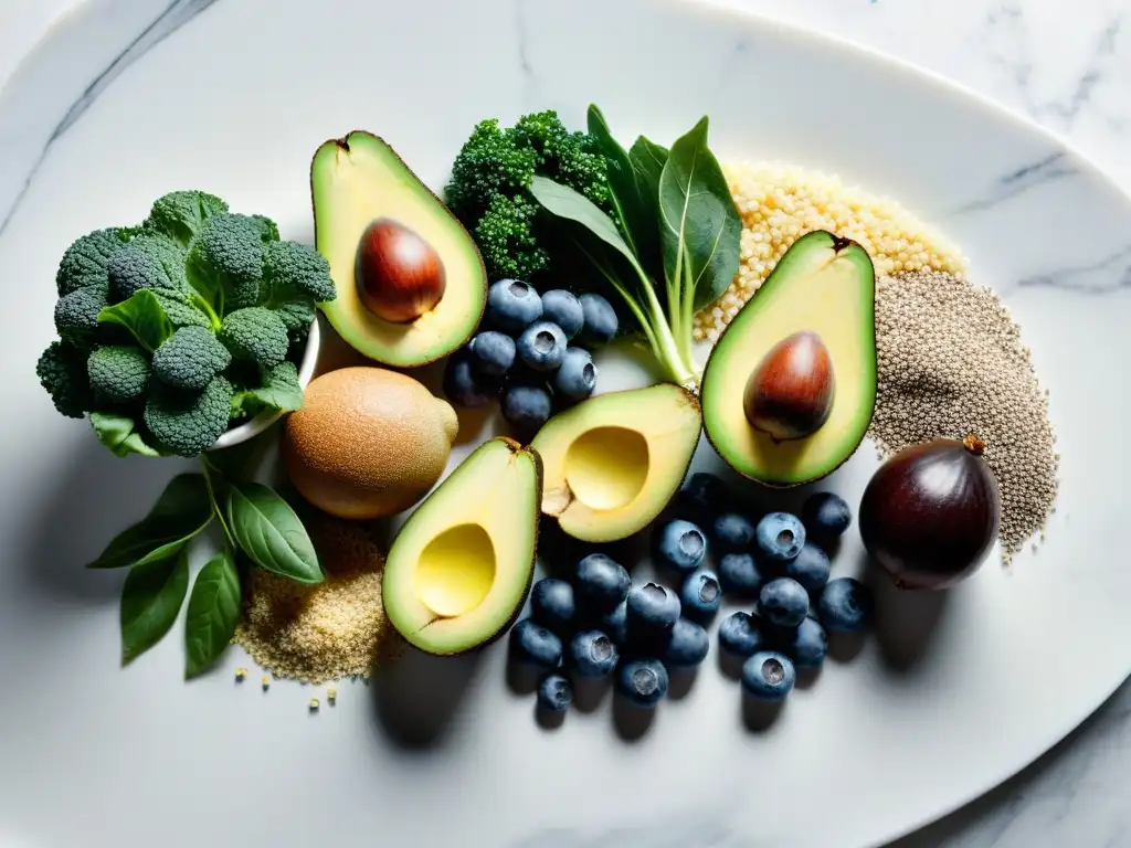 Súper Alimentos: Vibrante Exhibición en Mármol Blanco Una exquisita exhibición de súper alimentos como quinua, semillas de chía, kale, arándanos y aguacates en un mostrador de mármol blanco
