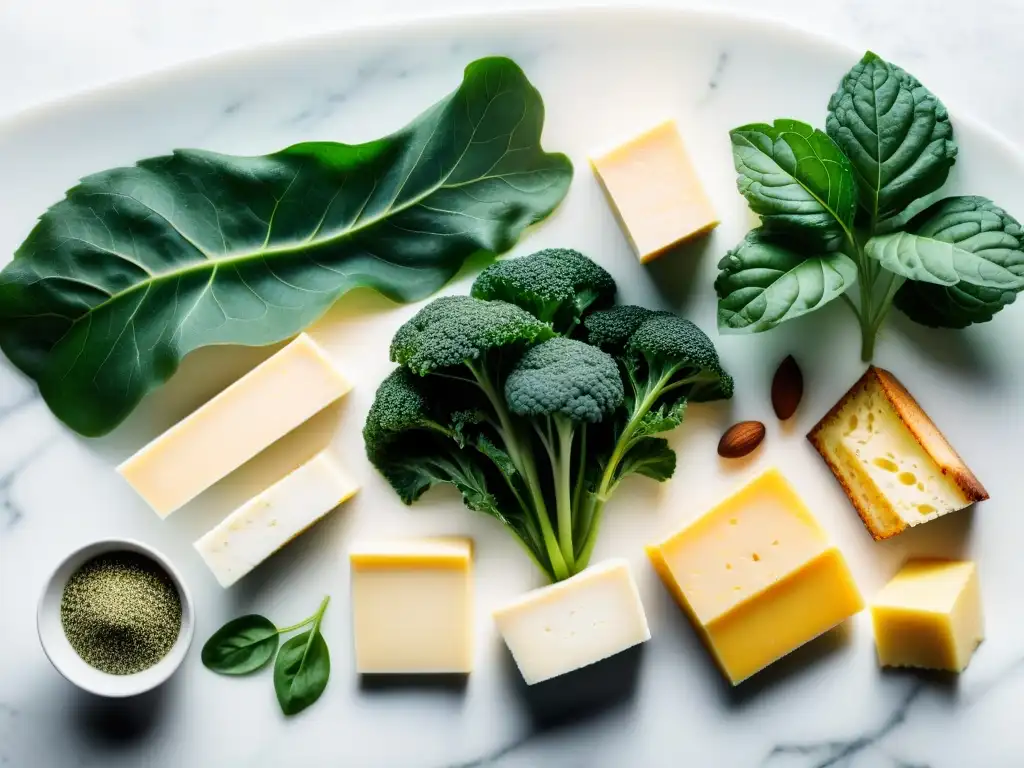 Alimentos Ricos en Calcio: Detalles Vibrantes Una exquisita presentación de alimentos ricos en calcio sobre mármol blanco