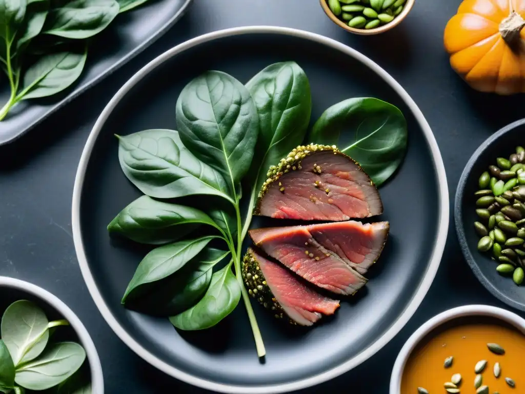 Exquisita selección de alimentos ricos en hierro en plato de mármol negro Una exquisita selección de alimentos ricos en hierro para la dieta keto, destacando sus texturas y colores naturales en una elegante presentación sobre plato de mármol negro