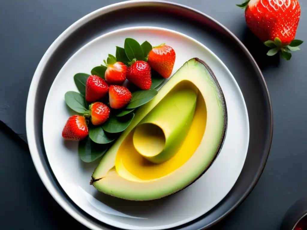 Nutrientes Vibrantes: Coenzima Q10 en Alimentos Frescos Una exquisita variedad de alimentos frescos, ricos en Coenzima Q10, en un elegante plato blanco contra un fondo oscuro