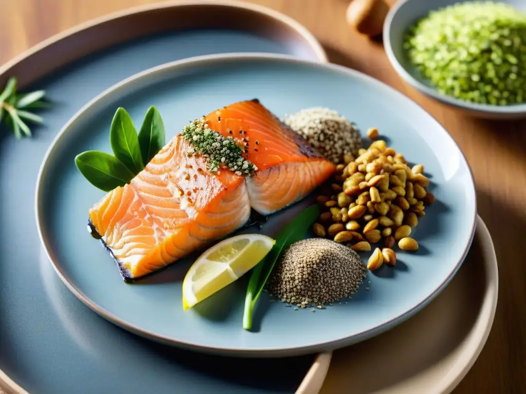 Alimentos ricos en omega-3: una explosión de color y nutrición Una exquisita variedad de alimentos ricos en omega 3, como el salmón, semillas de chía, nueces y linaza, se presenta en una elegante bandeja