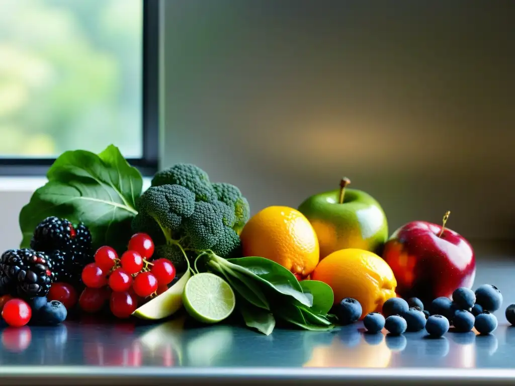 Exquisita variedad de frutas y verduras en cocina moderna Una exquisita variedad de frutas y verduras coloridas en una encimera de cocina moderna