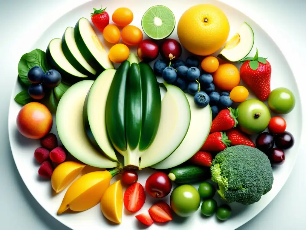 Exquisita variedad de frutas y verduras frescas en plato blanco Una exquisita variedad de frutas y verduras frescas en un elegante plato blanco, resaltando la fibra en polvo para dietas veganas