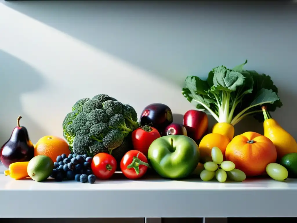 Exquisita exhibición de frutas y verduras frescas en cocina moderna Una exquisita variedad de frutas y verduras frescas en una cocina moderna