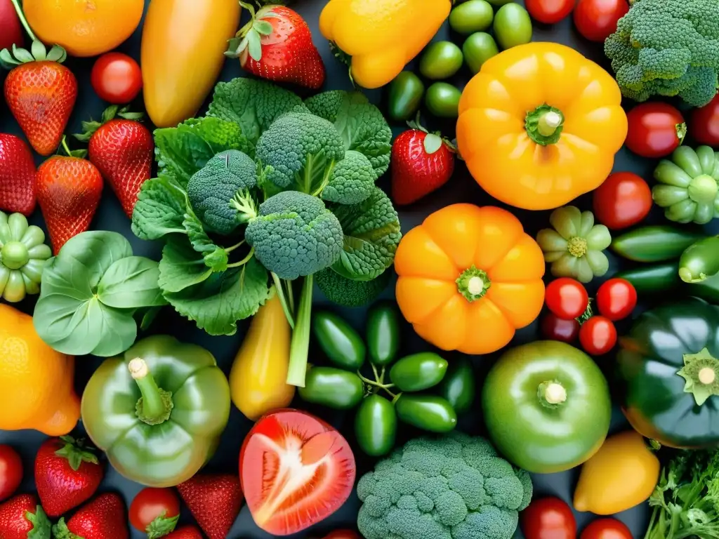 Una exquisita variedad de frutas y verduras coloridas, exhibiendo sus vibrantes tonos y texturas