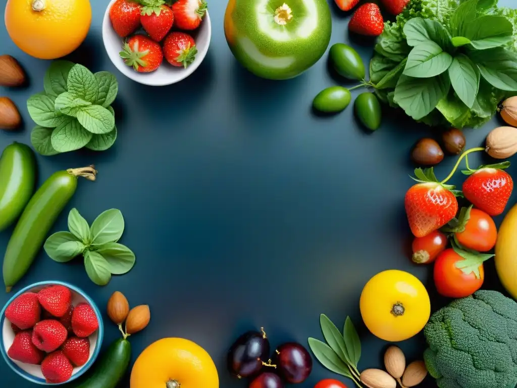 Exuberante bodegón de frutas y verduras frescas en cocina moderna Una exquisita variedad de frutas y verduras frescas, con colores vibrantes y detalles detallados, en una cocina moderna