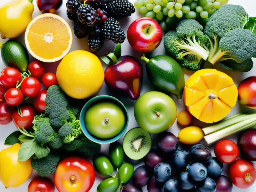 Arcoíris de Frutas y Verduras para Recuperación de Ironman Una exquisita variedad de frutas y verduras frescas, vibrantes y detalladas en un patrón geométrico