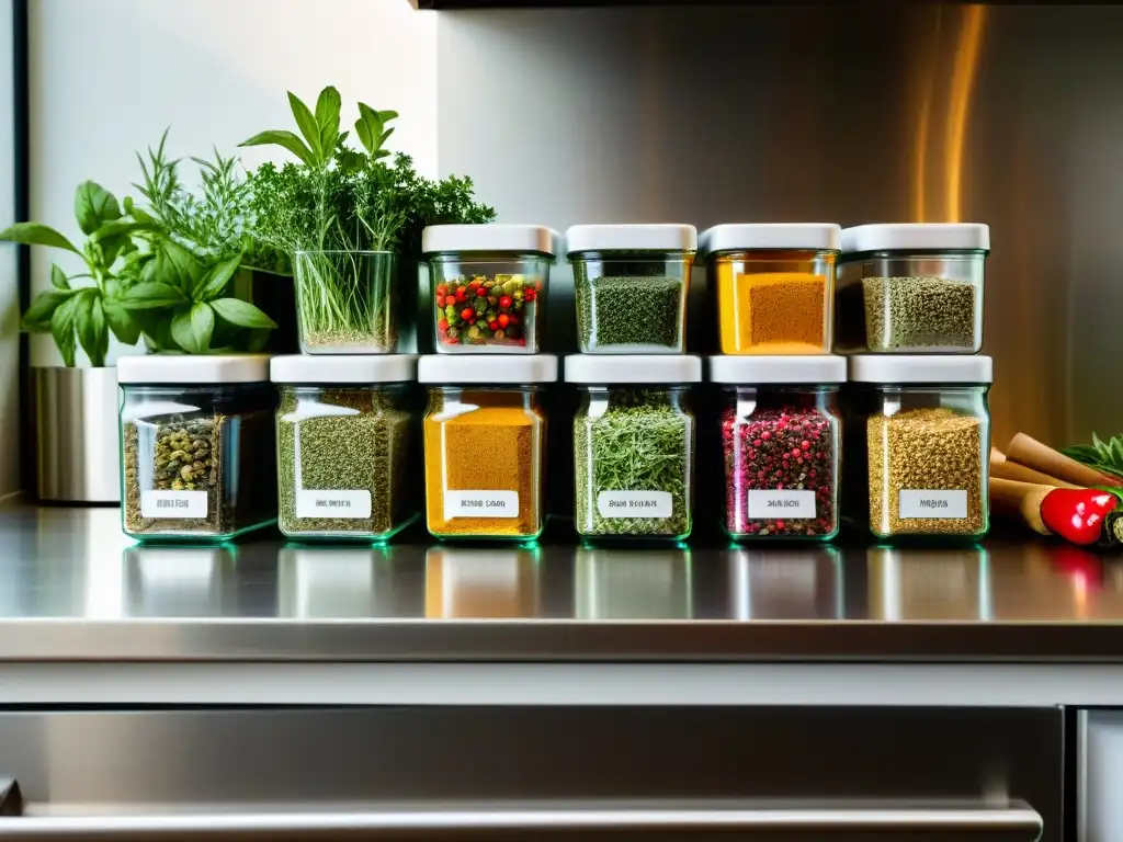 Variedad de Hierbas y Especias para Ayuno Intermitente Una exquisita variedad de hierbas y especias para ayuno intermitente, organizadas con elegancia en una encimera moderna y luminosa