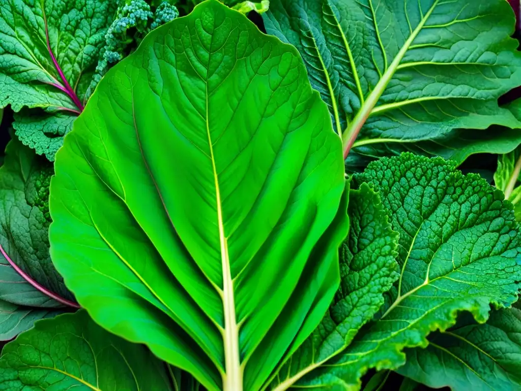 Patrón de hojas verdes: frescura y vitalidad Una exquisita variedad de hojas verdes, iluminadas por la luz solar, resalta la importancia del magnesio en suplementación vegana