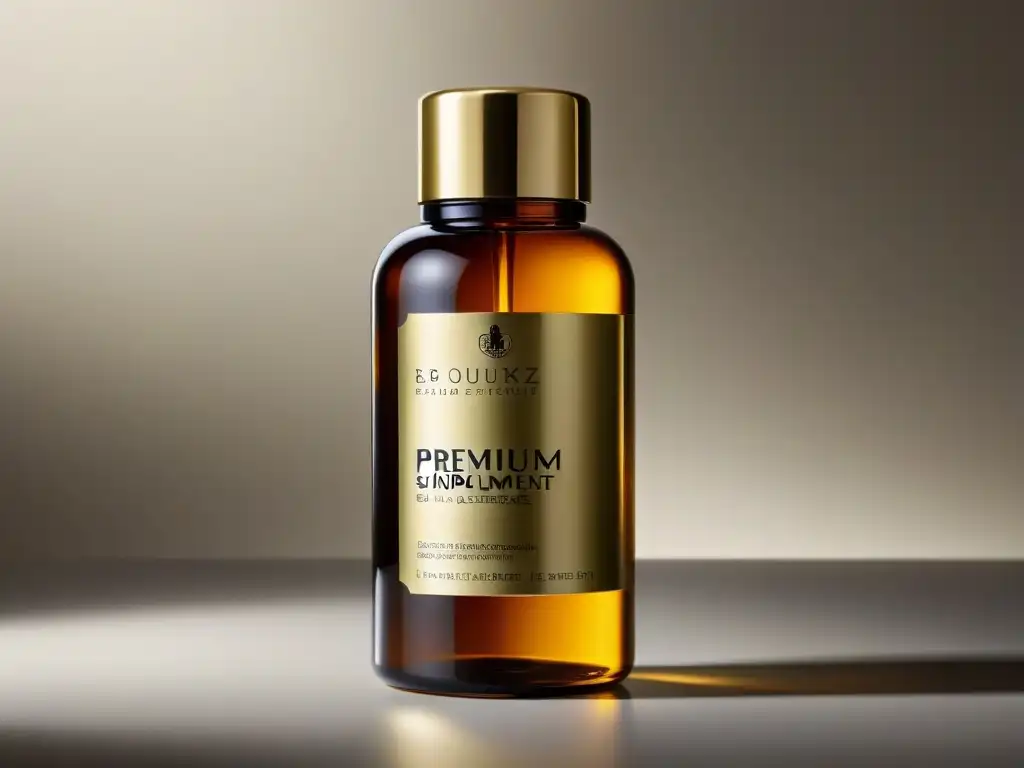 Botella de lujo para piel radiante Un exquisito frasco de vidrio con suplementos premium para piel, con elegante diseño y detalles sofisticados, iluminado suavemente