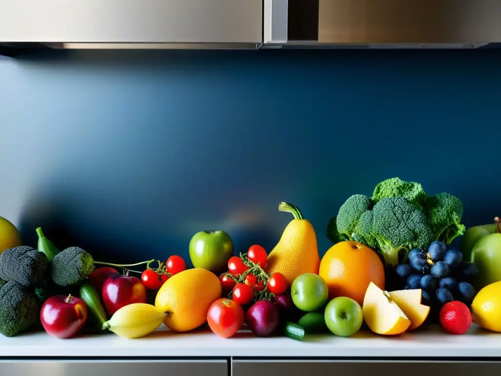 Vibrante variedad de alimentos para una digestión saludable Una exuberante combinación de frutas, verduras y granos enteros en una encimera de cocina moderna, evocando frescura y vitalidad