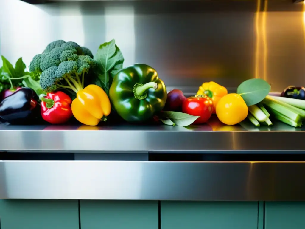 Una exuberante selección de frutas y verduras coloridas en una encimera moderna, irradiando vitalidad y beneficios aminoácidos no esenciales