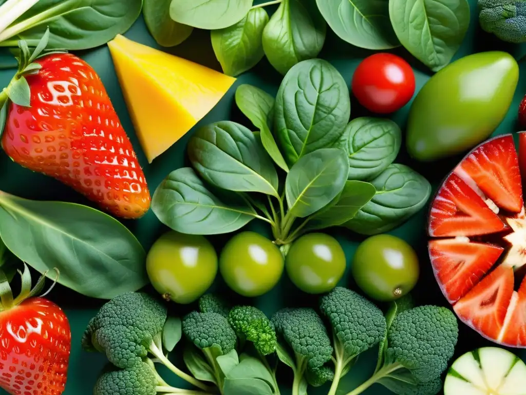 Delicias Naturales: Una Exposición 8K de Frutas y Verduras Vibrantes Una exuberante variedad de frutas y verduras frescas, perfectamente dispuestas, invita a apreciar la belleza natural y los colores vibrantes