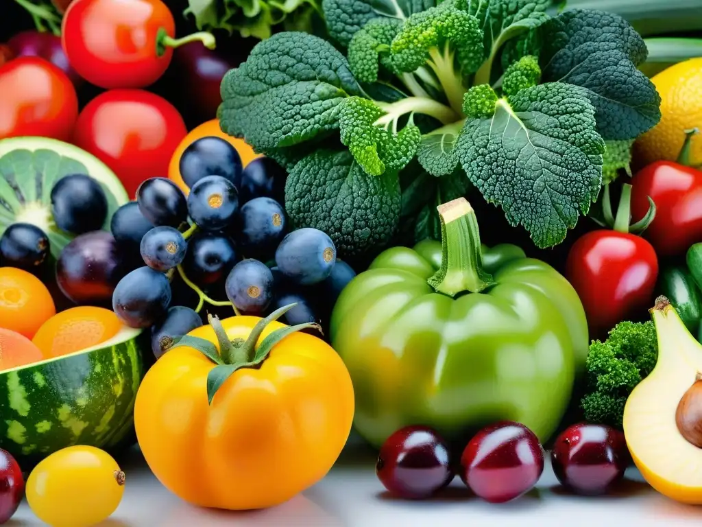 Delicias Naturales: Deslumbrante exhibición de frutas y verduras frescas Una exuberante variedad de frutas y verduras frescas y coloridas dispuestas de manera artística en una encimera de cocina moderna