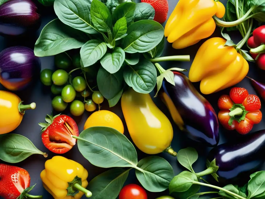 Variedad fresca: Frutas y verduras en alta resolución Una exuberante variedad de frutas y verduras frescas, destacando los efectos de aminoácidos en la salud cardiovascular