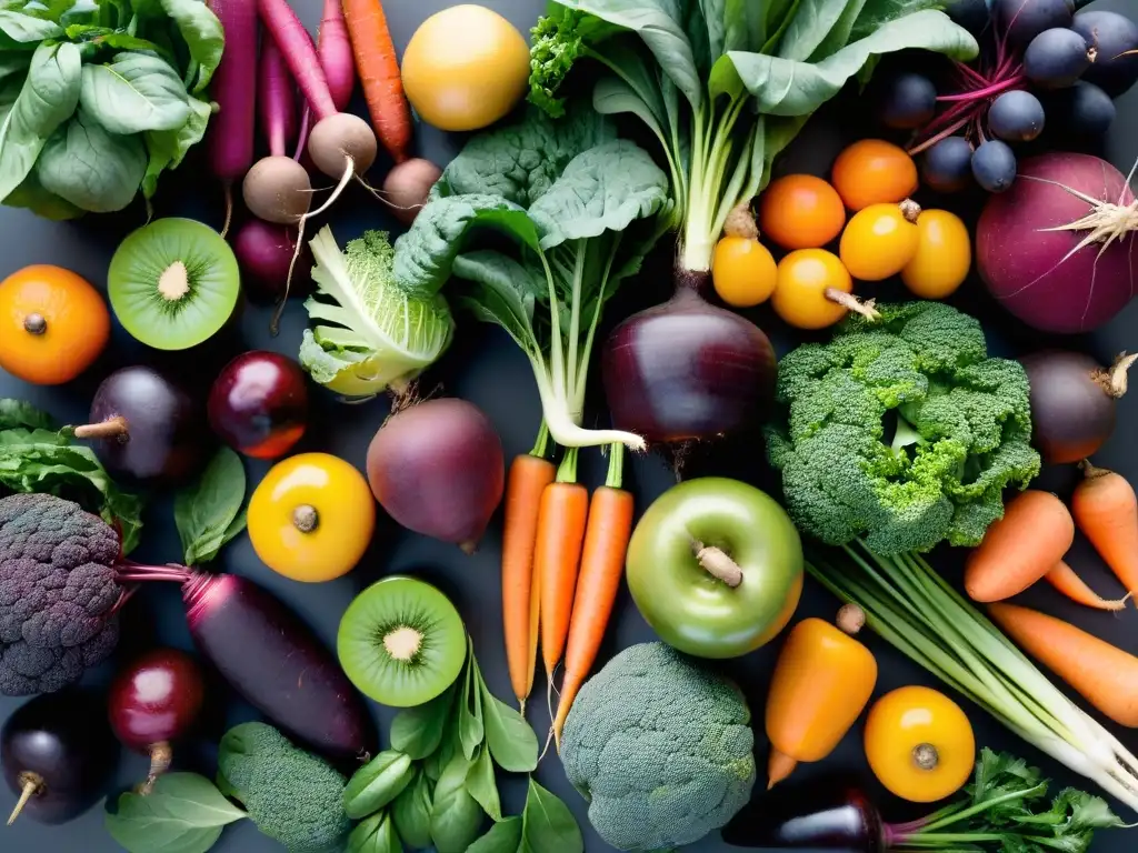 Exuberante variedad de frutas y verduras: salud y vitalidad Una exuberante variedad de frutas y verduras coloridas en un patrón simétrico, resaltando la importancia de minerales traza en suplementación