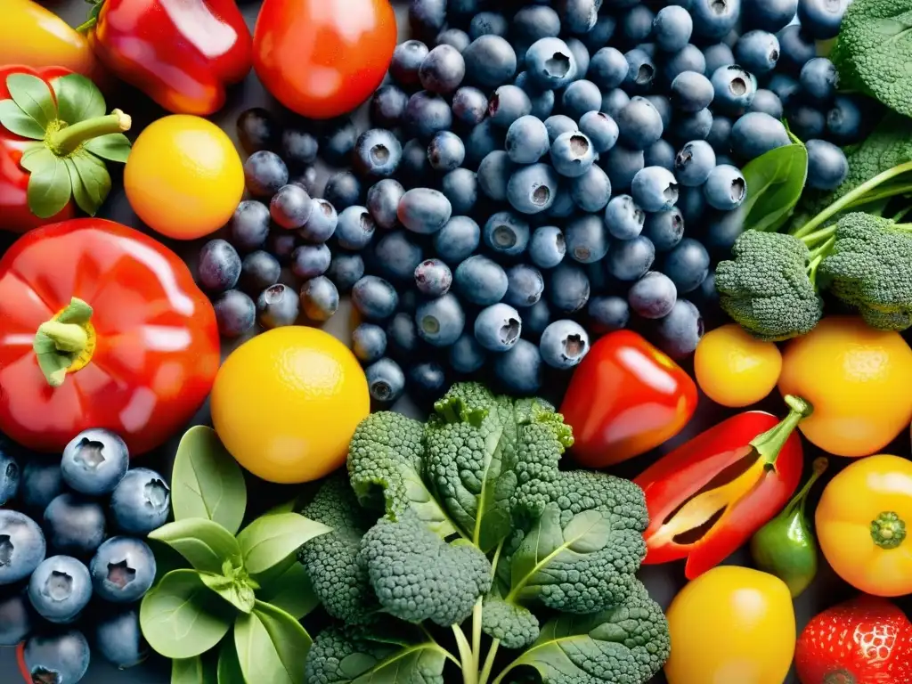 Exquisita variedad de frutas y verduras antioxidantes Una exuberante variedad de frutas y verduras ricas en antioxidantes: arándanos, fresas, espinacas, kale y pimientos rojos