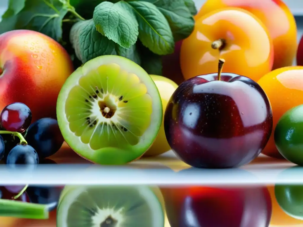 Exuberante exhibición de frutas y verduras en cocina moderna Una exuberante variedad de frutas y verduras frescas, dispuestas con maestría en una encimera de cocina moderna