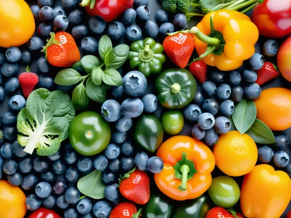 Exuberante variedad de frutas y verduras antioxidantes Una exuberante variedad de frutas y verduras antioxidantes, brillantes y frescas, crea una impresionante exhibición visual