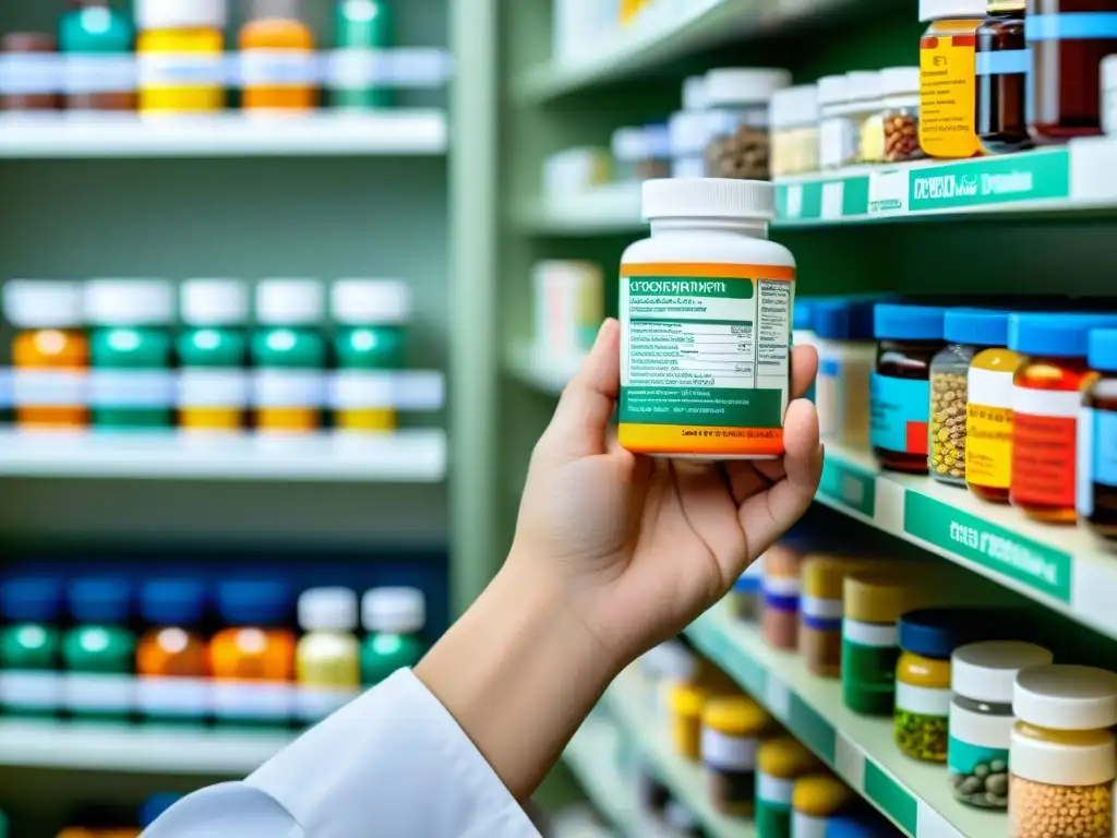 Farmacéutico experto revisando suplementos y medicamentos Un farmacéutico en bata blanca revisa detenidamente una receta en un entorno clínico, rodeado de estantes con frascos de medicamentos etiquetados