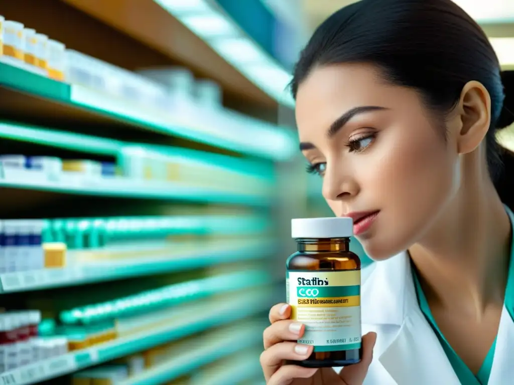 Farmacéutico experto examinando suplementos: imagen de alta resolución Farmacéutico revisando detenidamente etiquetas de estatinas y CoQ10 en un entorno moderno y profesional
