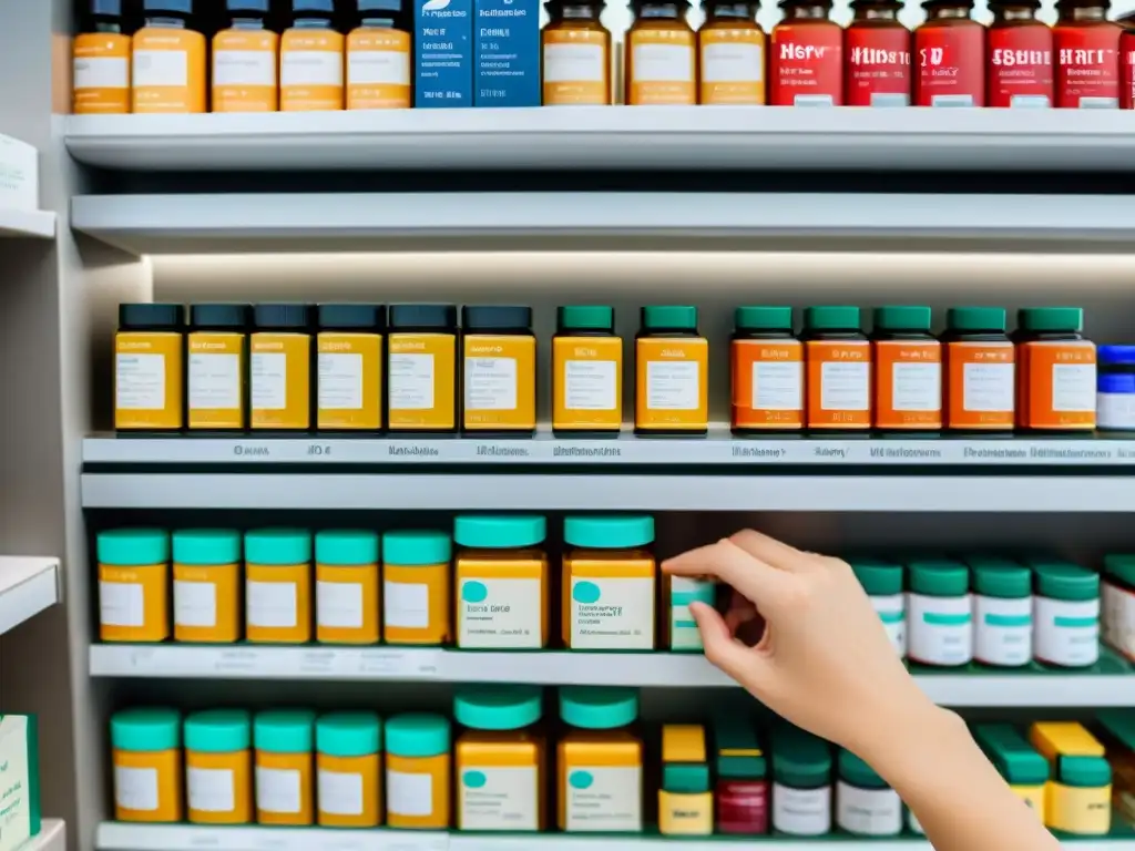 Farmacéutico seleccionando suplementos cardiosaludables Un farmacéutico organiza suplementos cardiosaludables en un estante moderno, transmitiendo profesionalismo y cuidado en la selección