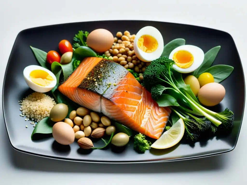 Exquisita variedad de alimentos saludables en plato elegante Un festín de colores y nutrientes en una presentación impecable