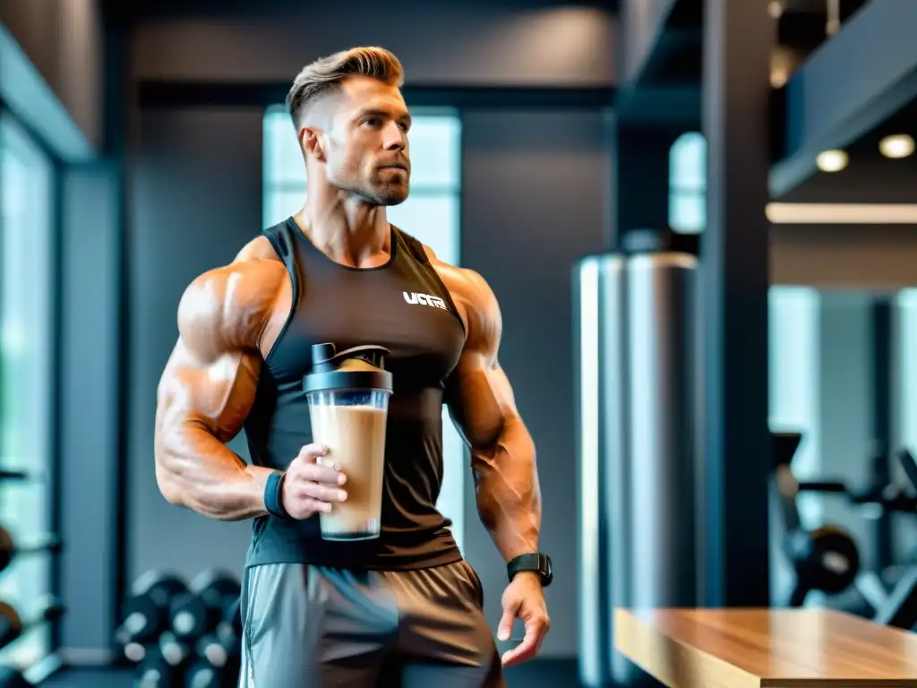 Musculación profesional: mezclando proteínas en un gimnasio moderno Un fisicoculturista mezcla proteínas en polvo en un gimnasio moderno