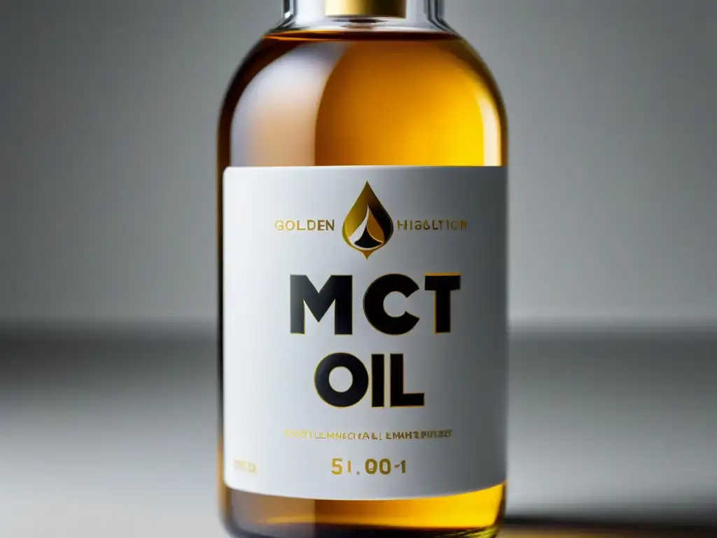 Un frasco de cristal transparente lleno de aceite MCT dorado, con etiqueta que destaca 'Beneficios del aceite MCT en dieta keto'