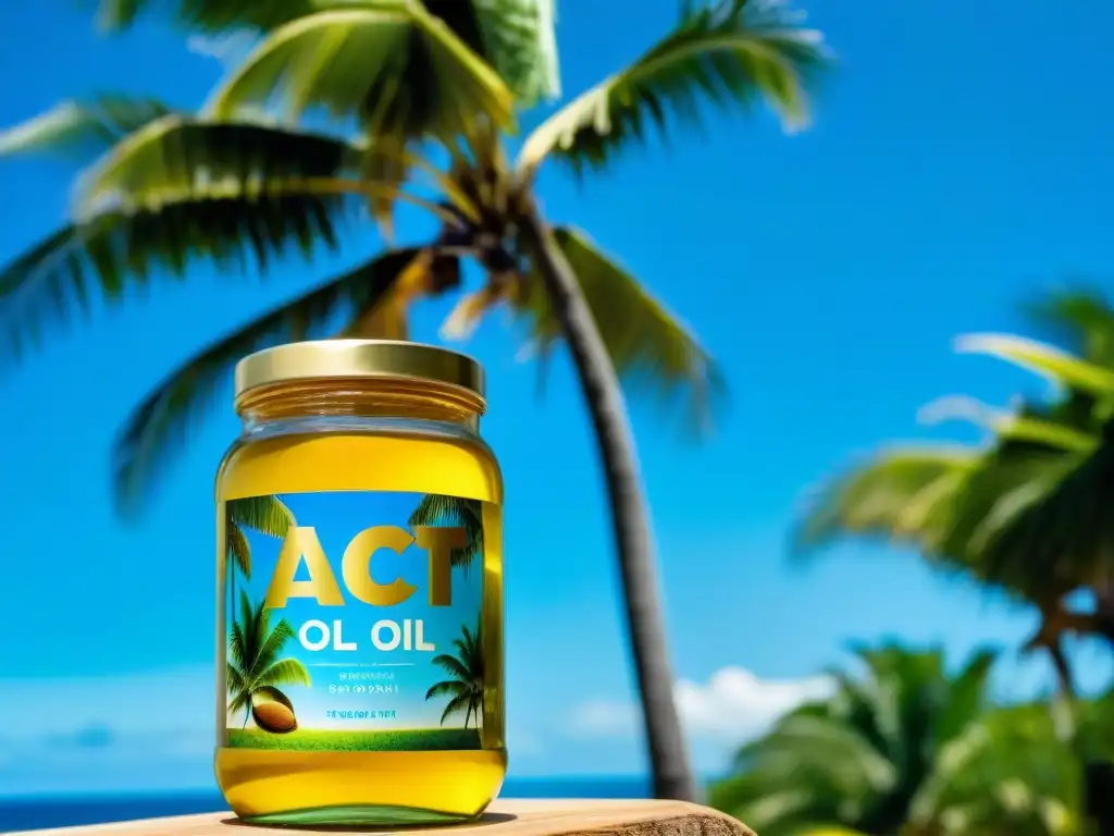 Un frasco de cristal transparente lleno de aceite MCT dorado, con palmeras verdes y un cielo azul de fondo