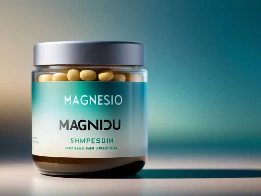 Suplemento de Magnesio para Ansiedad: Calma en un Frasco Un frasco elegante de magnesio para ansiedad resplandece en un fondo calmante