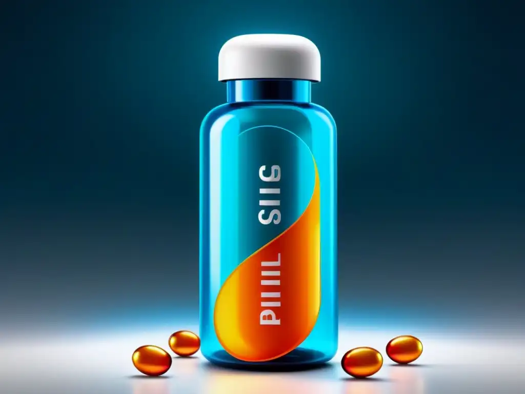 Píldoras energizantes: tecnología avanzada en un frasco futurista Un frasco futurista de suplementos para mantener concentración en un entorno científico de vanguardia